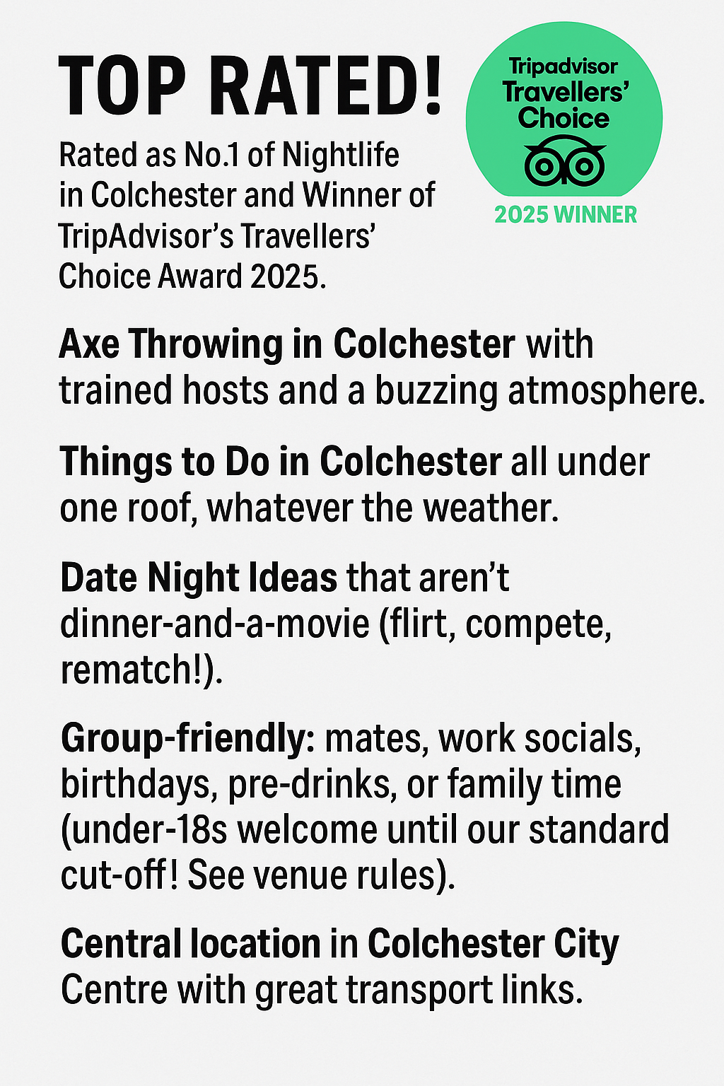Top Rated nightlife venue in Colchester – No Name Bar & Games, winner of TripAdvisor Travellers’ Choice Award 2025.